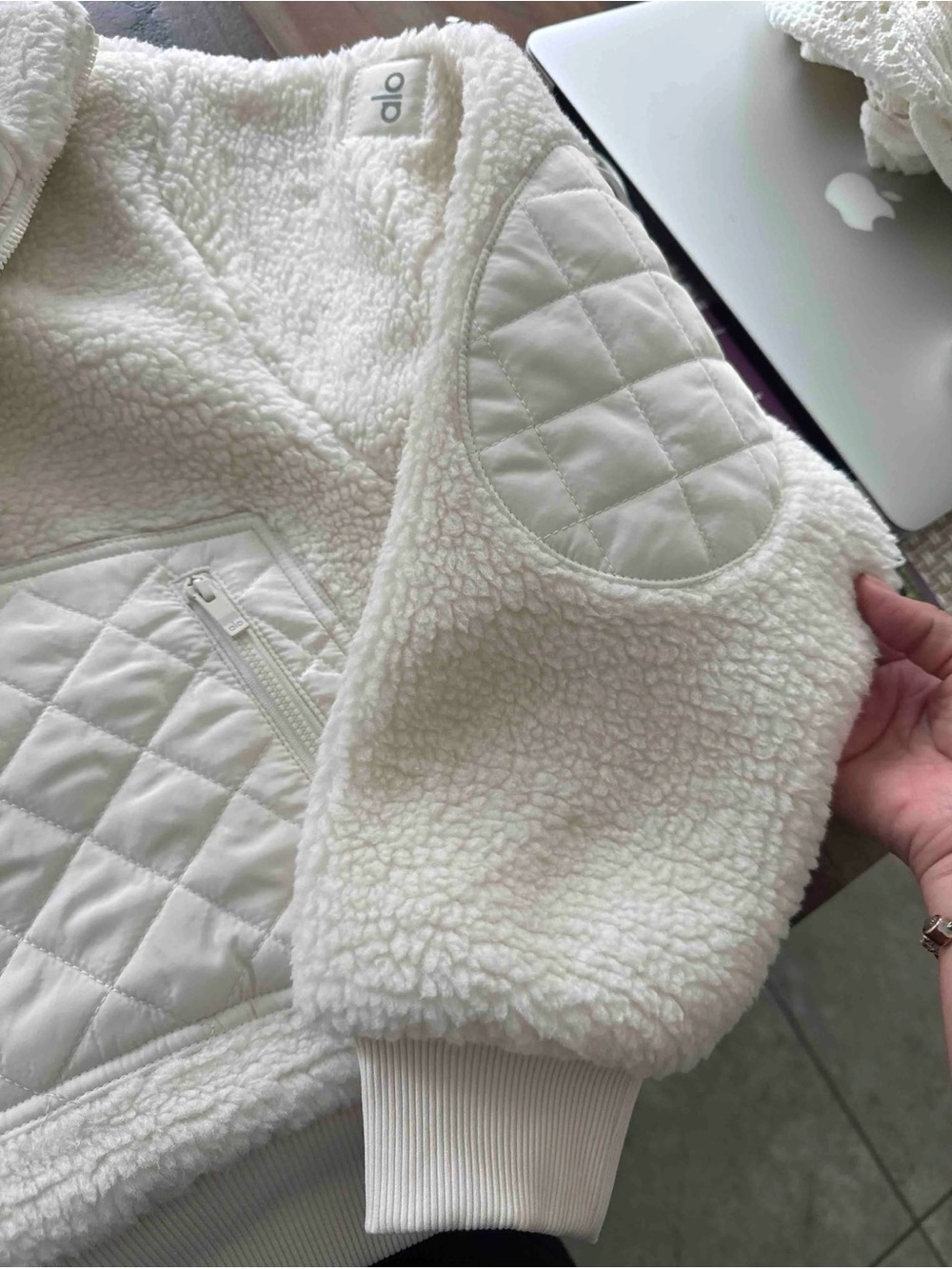 ALO Yoga Cream Sherpa Quilted Bomber Jacket - Picture 4 of 6